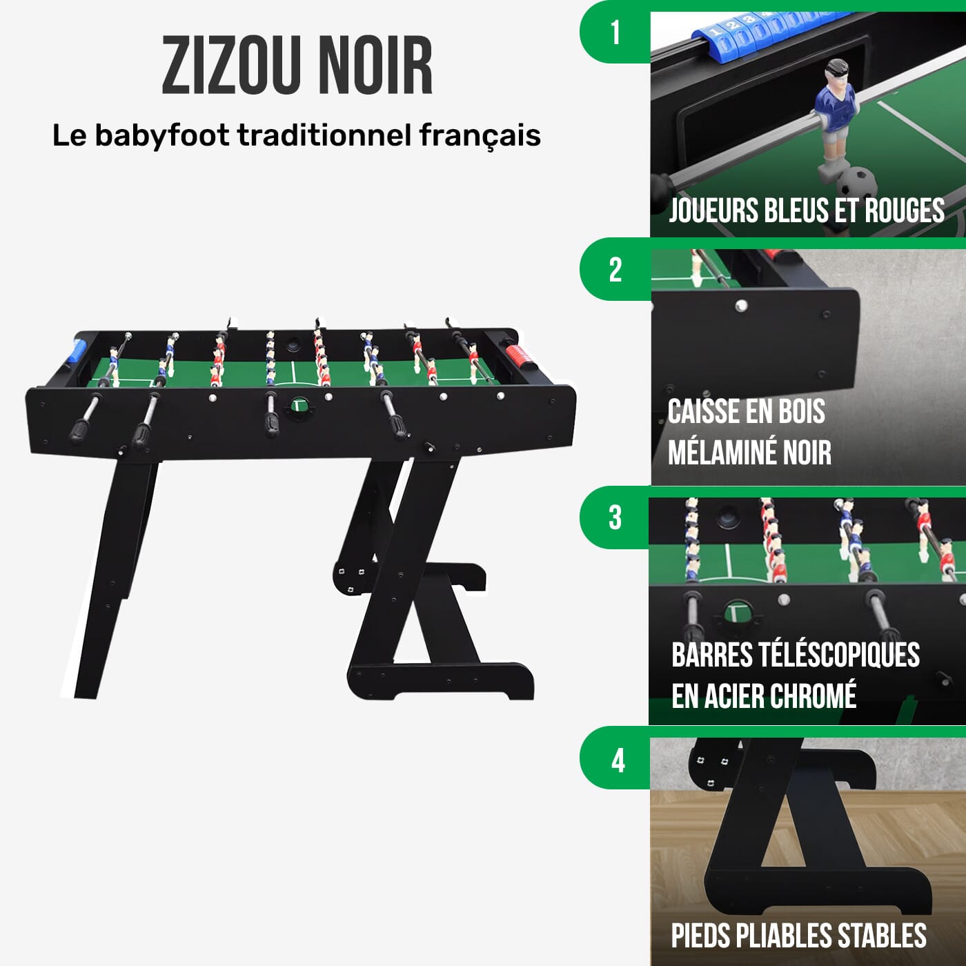 Baby foot Zizou pliable bois noir